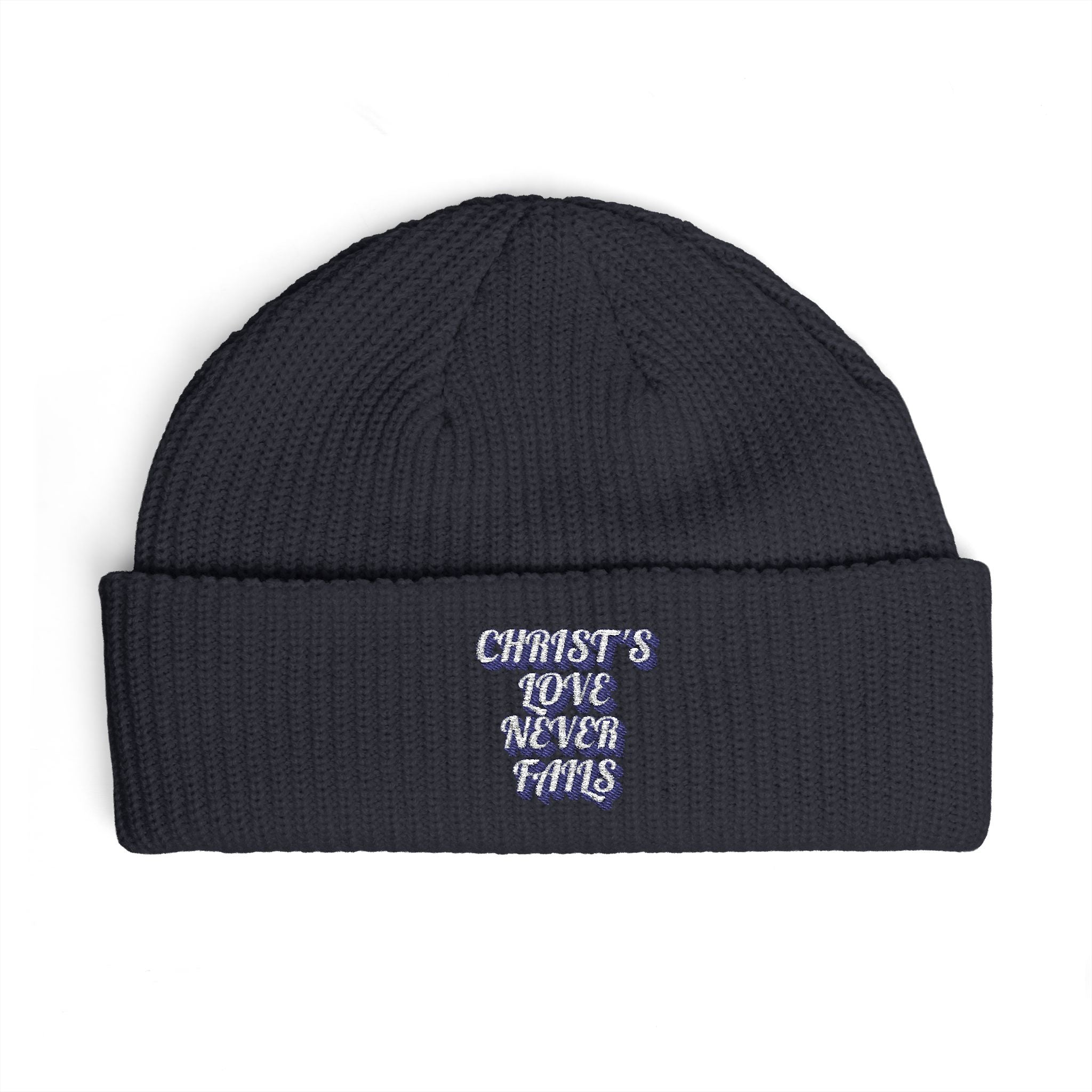 'Christ's Love Never Fails' Embroidered Knit Hat